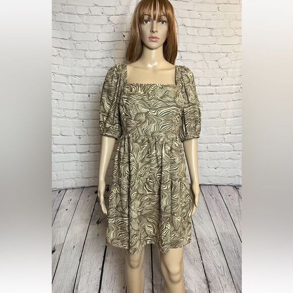 House of Harlow Mini Brown Dress Print Linen Puff Sleeve  Babydoll Size S - Picture 5 of 11
